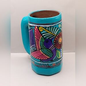 Hand Painted Mexican Folk Art Mug Turquoise Bird Pottery Mexico 7.25”
